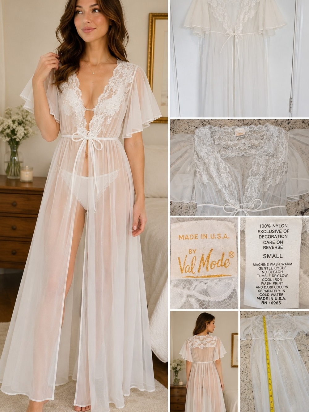 Vintage Val Mode Sheer Lace Peignoir Robe Bridal Lingerie Cover Up Small USA